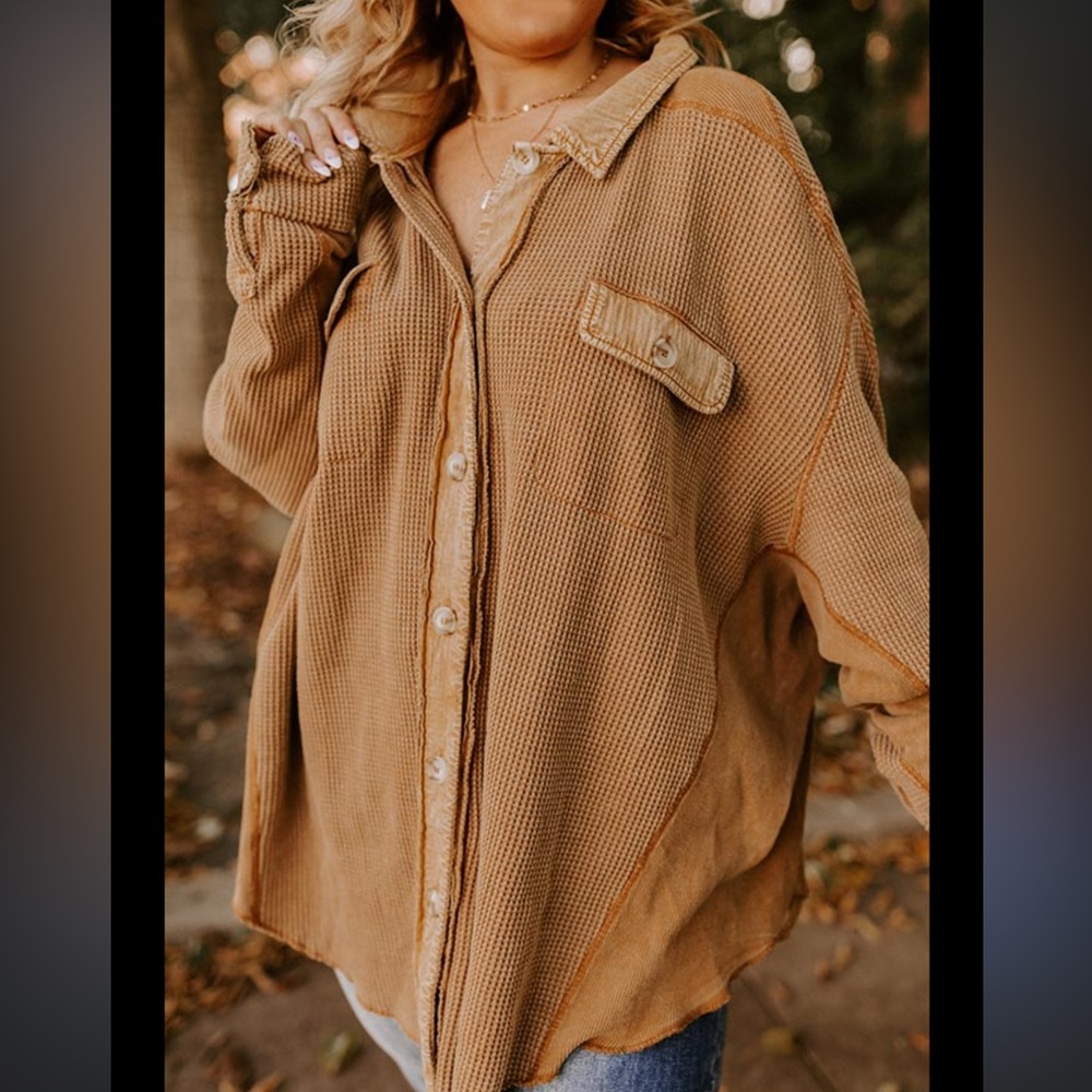 Dress Up Orange Waffle Knit Button-Up Shirt/Shacket